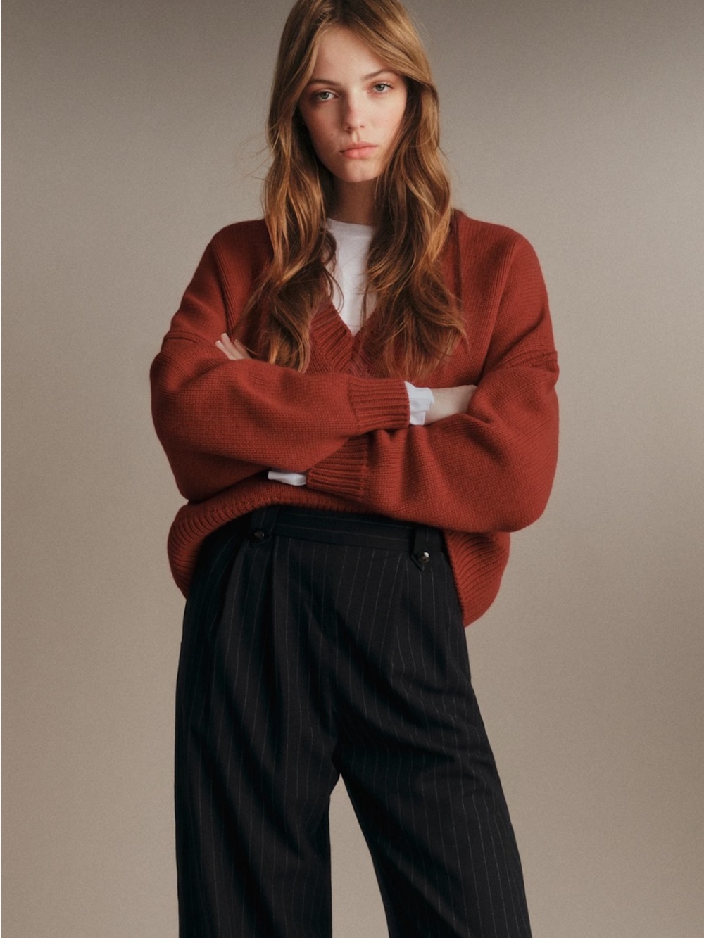 Sezane Rust V-Neck Sweater in Deep Terracotta